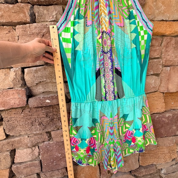 Hale Bob M Women Teal Green Geometric Floral Halter Romper Boho Summer Vacation - Picture 14 of 14